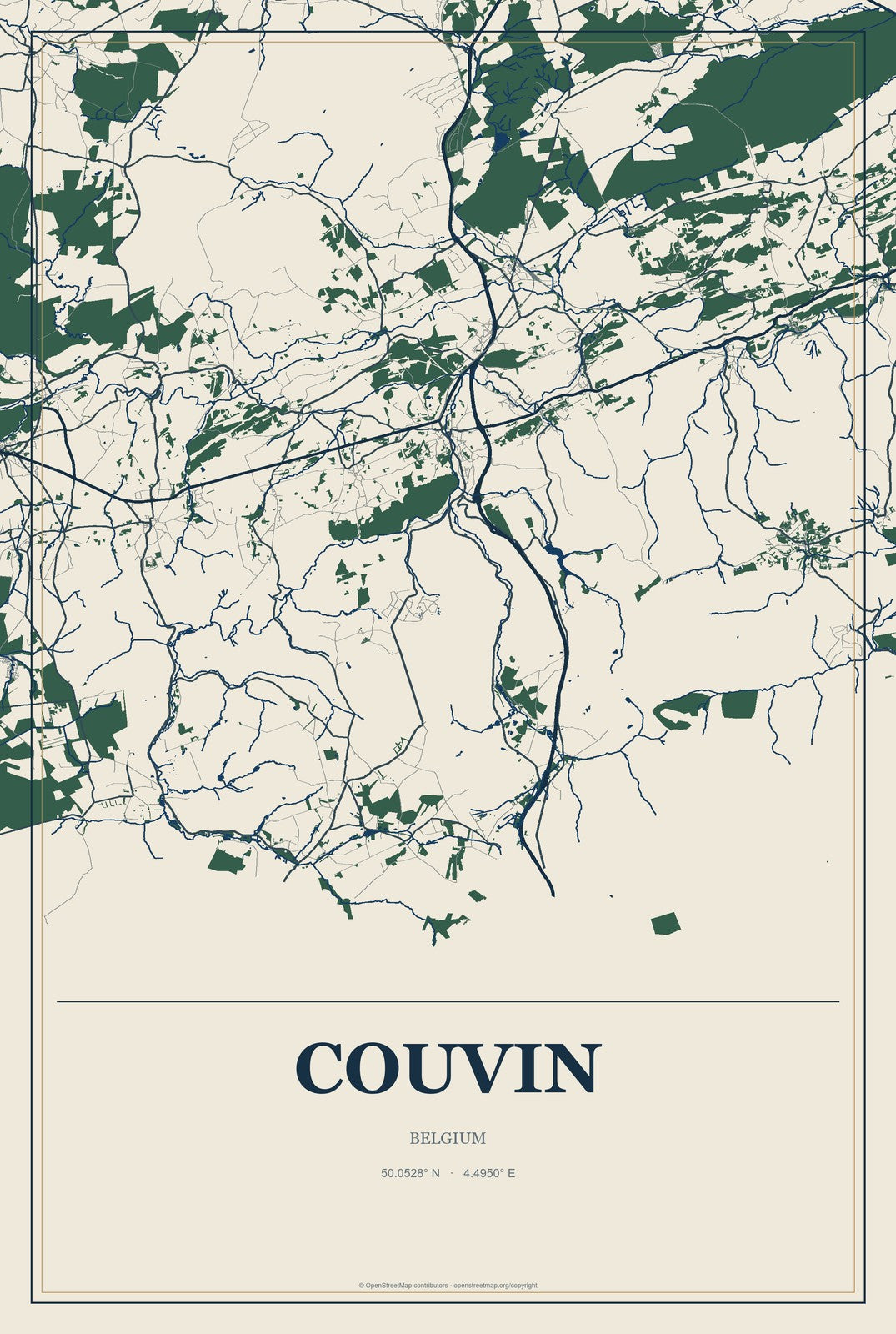 Couvin, Belgium City Map Aluminum Sign in Coastal Cutout style