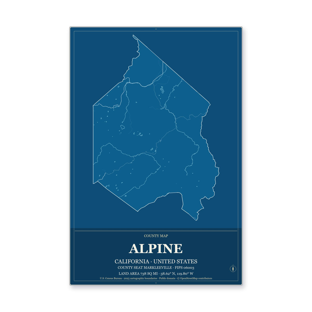 Alpine County, California Map Aluminum Sign in Harbor Cobalt style