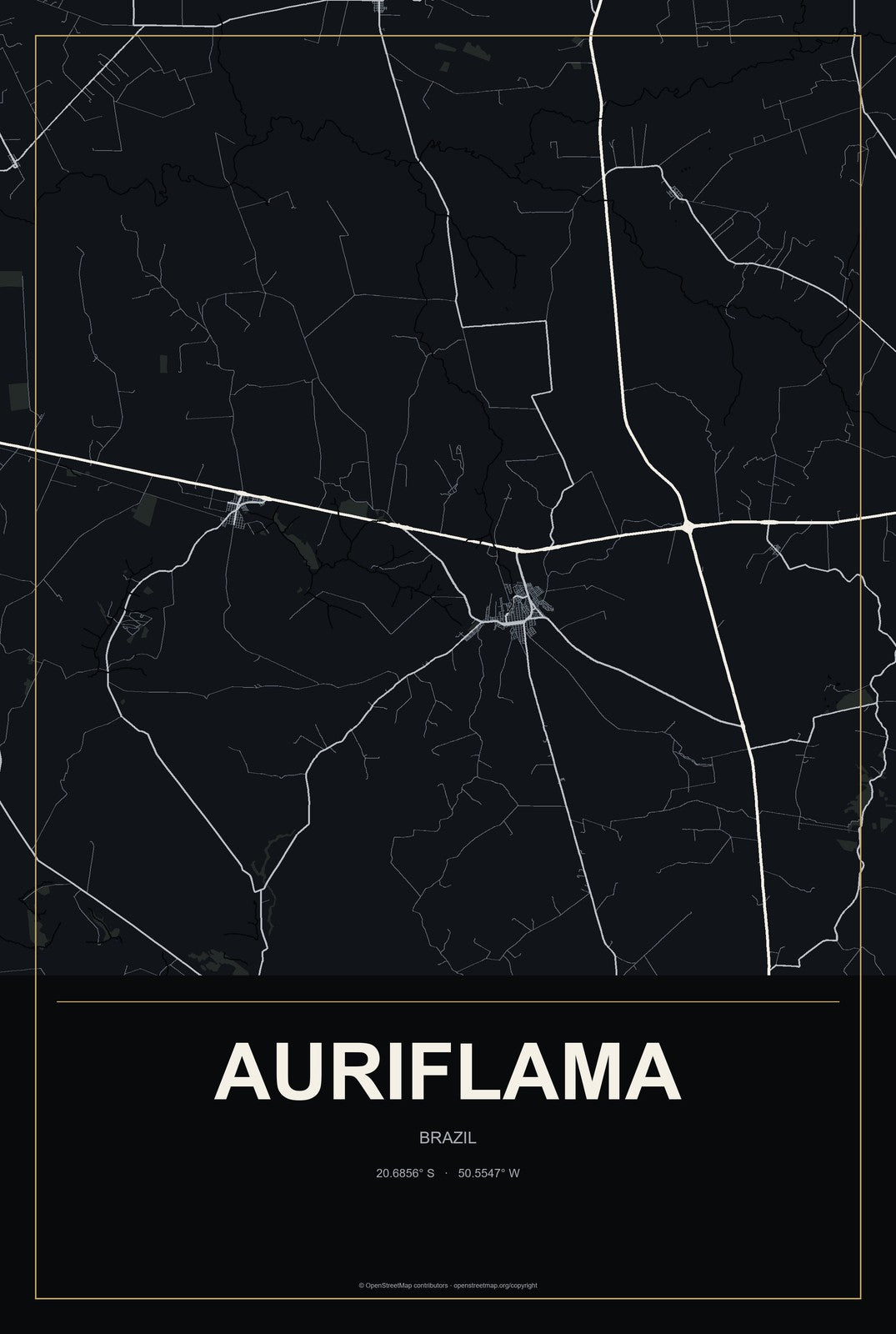 Auriflama, Brazil City Map Aluminum Sign in Metropolitan Noir style
