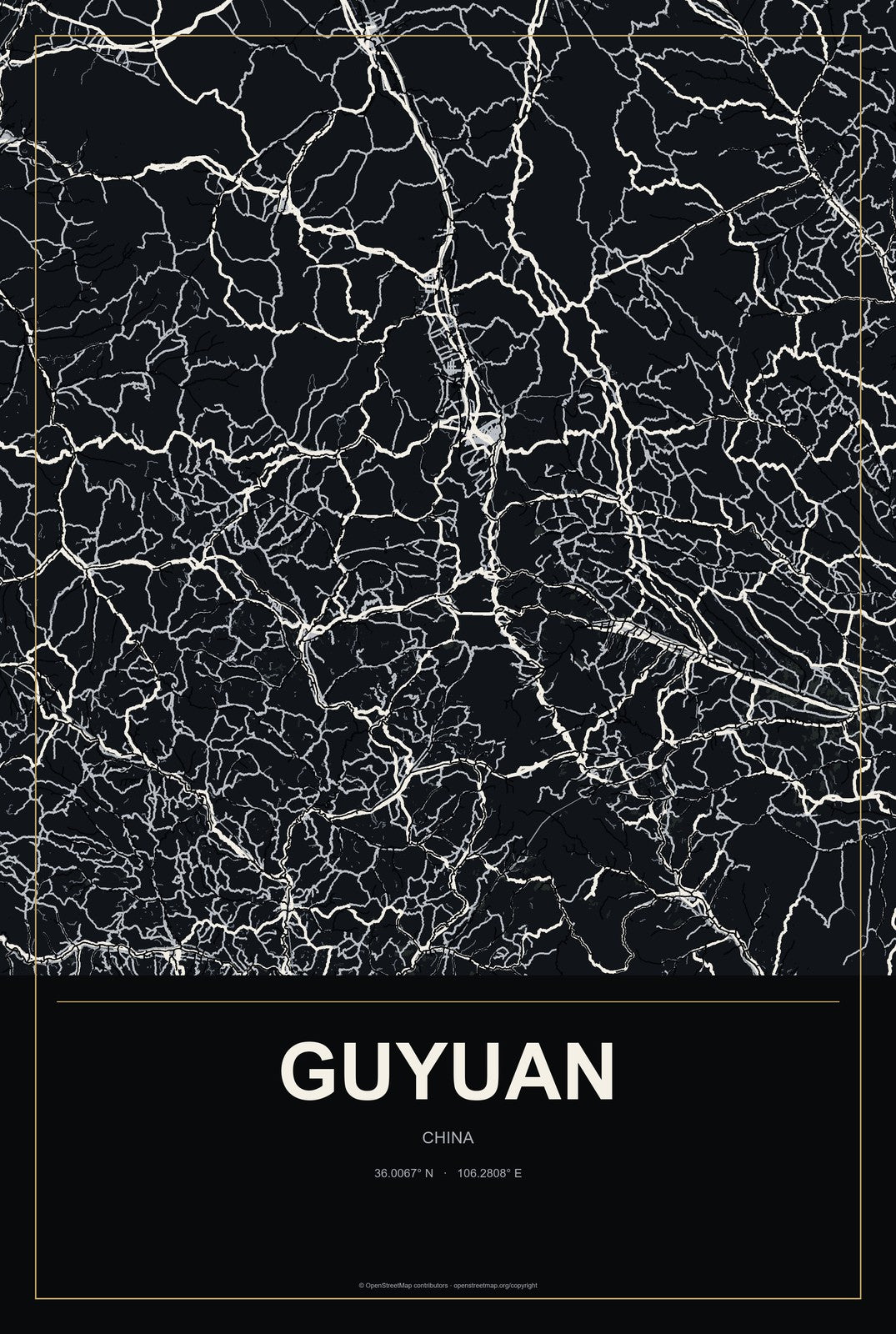 Guyuan, China City Map Aluminum Sign in Metropolitan Noir style