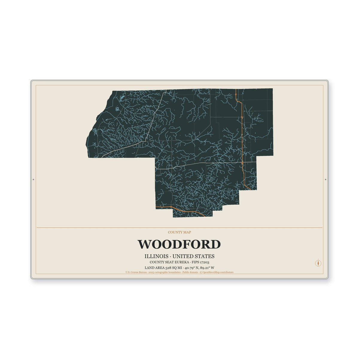 Woodford County, Illinois Map Aluminum Sign in Headline Atlas style