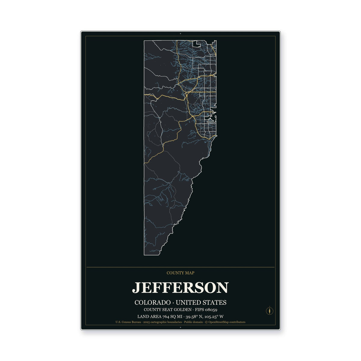 Jefferson County, Colorado Map Aluminum Sign in Metropolitan Noir style