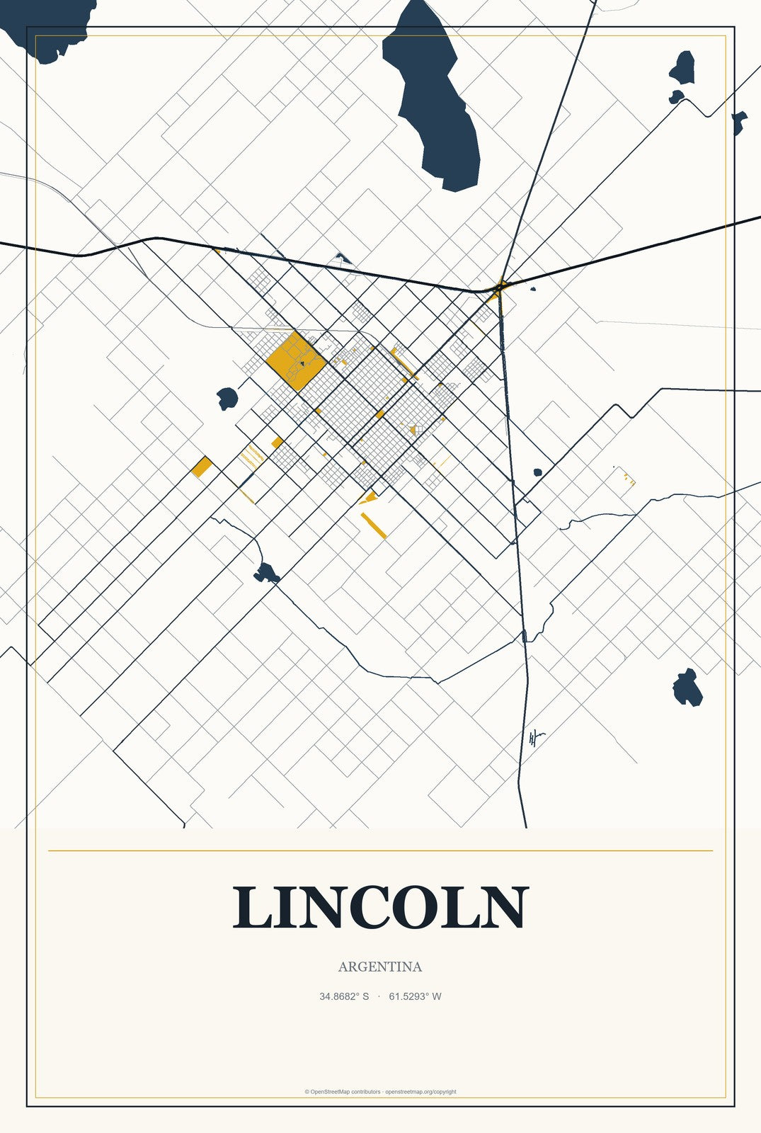 Lincoln, Argentina City Map Aluminum Sign in Citrine Modern style