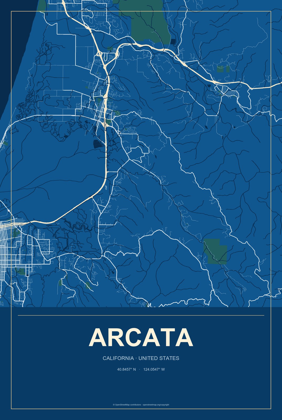 Arcata, California City Map Aluminum Sign in Harbor Cobalt style