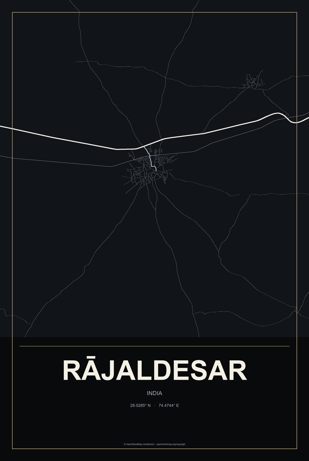 Rājaldesar, India City Map Aluminum Sign in Metropolitan Noir style