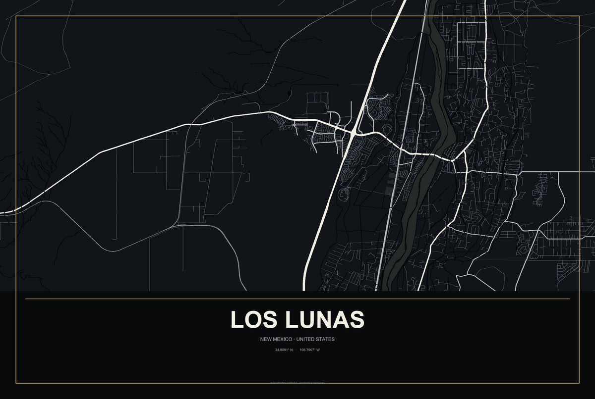 Los Lunas, New Mexico City Map Aluminum Sign in Metropolitan Noir style