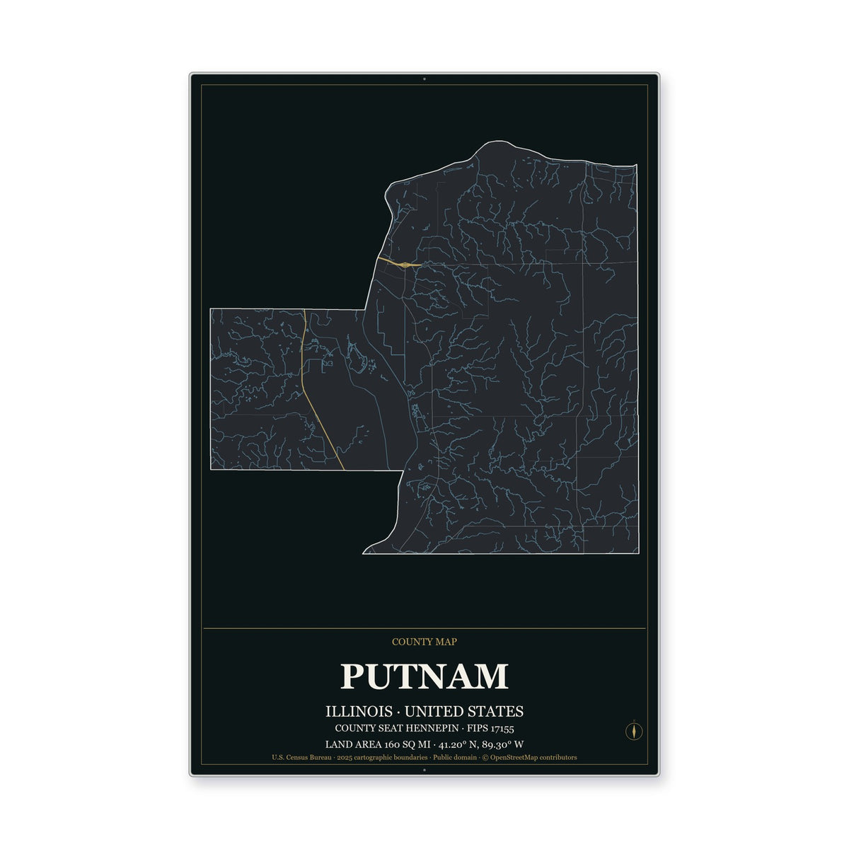 Putnam County, Illinois Map Aluminum Sign in Metropolitan Noir style