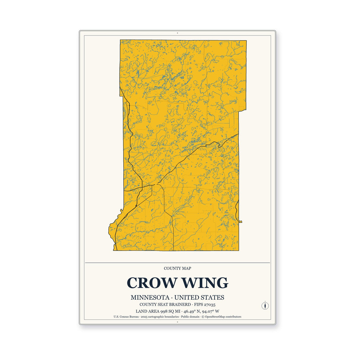 Crow Wing County, Minnesota Map Aluminum Sign in Citrine Modern style