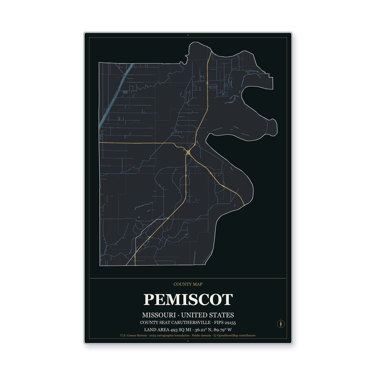 Pemiscot County, Missouri Map Aluminum Sign in Metropolitan Noir style