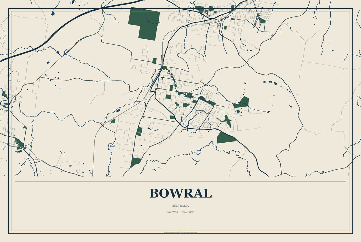 Bowral, Australia City Map Aluminum Sign in Coastal Cutout style