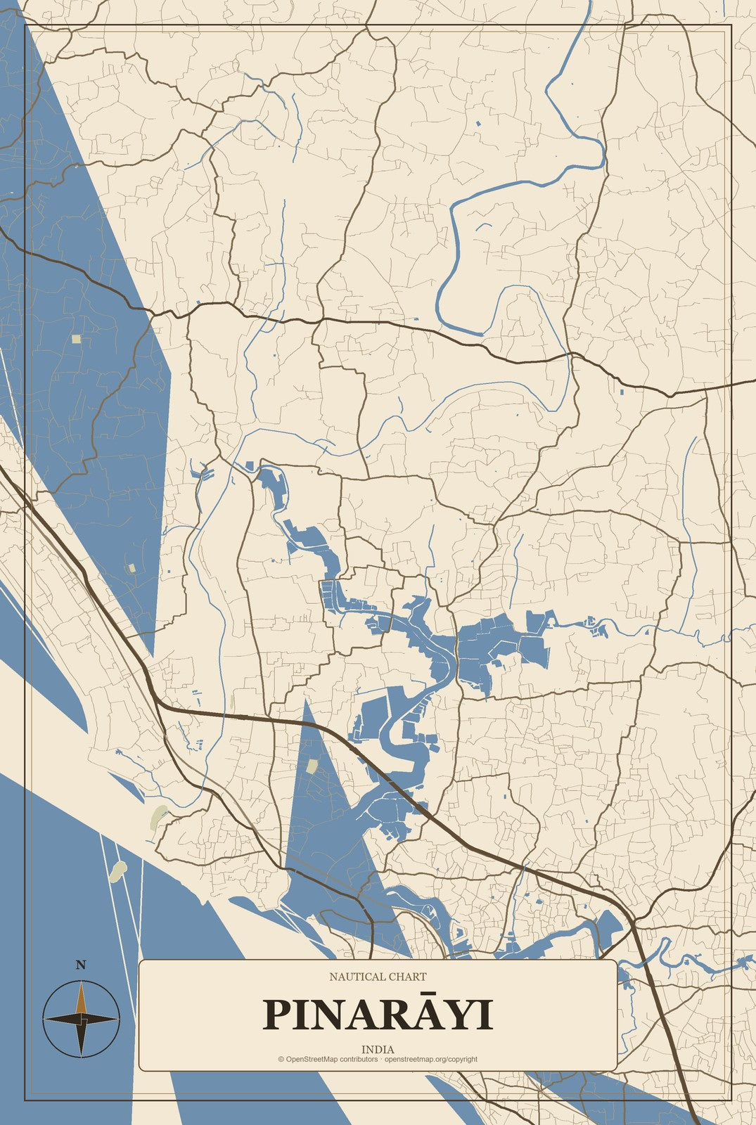 Pinarāyi, India City Map Aluminum Sign in Heritage Nautical style