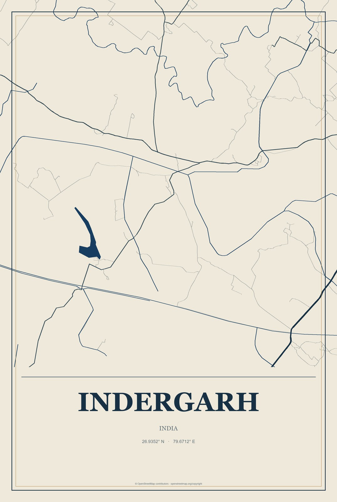 Indergarh, India City Map Aluminum Sign in Coastal Cutout style