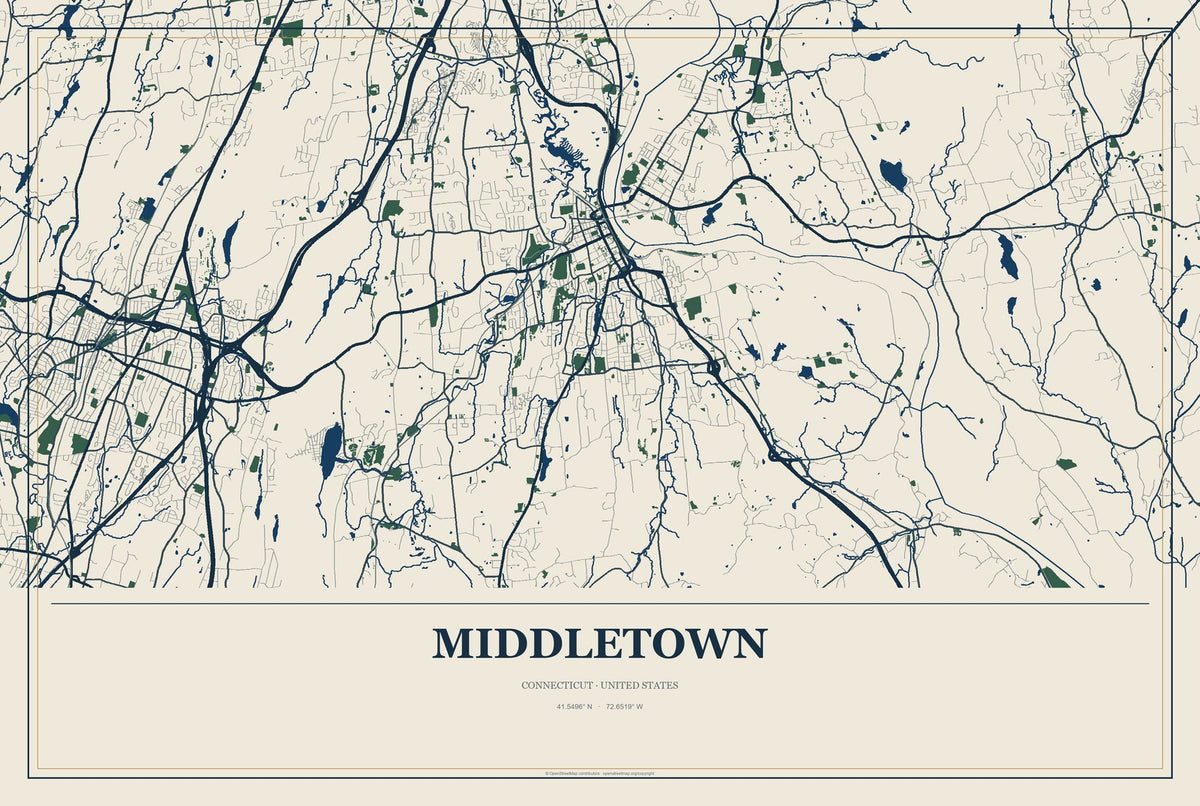 Middletown, Connecticut City Map Aluminum Sign in Coastal Cutout style