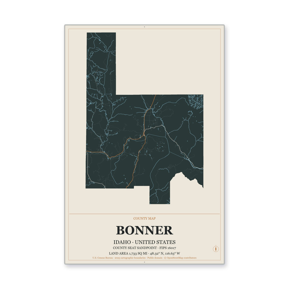 Bonner County, Idaho Map Aluminum Sign in Headline Atlas style