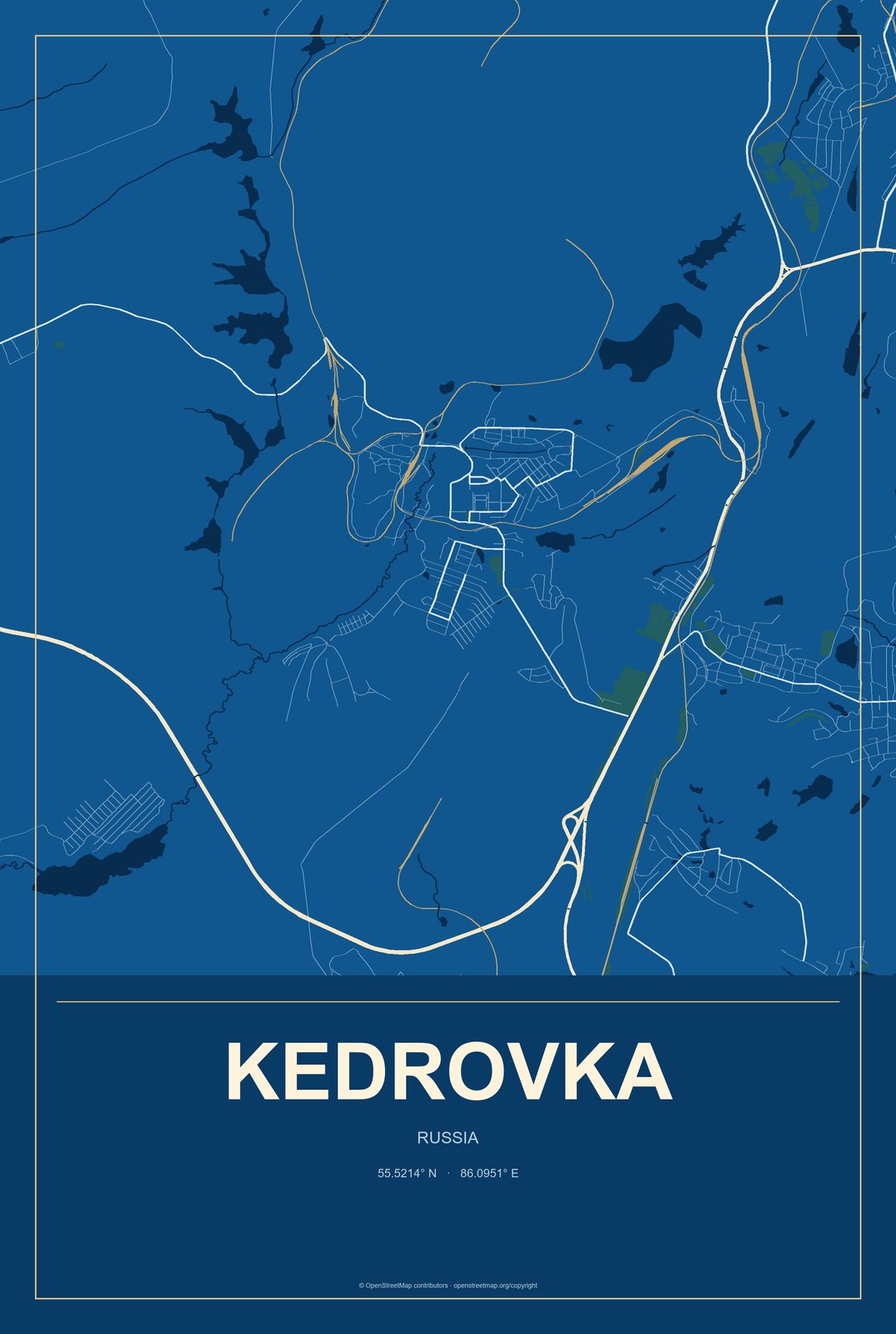 Kedrovka, Russia City Map Aluminum Sign in Harbor Cobalt style
