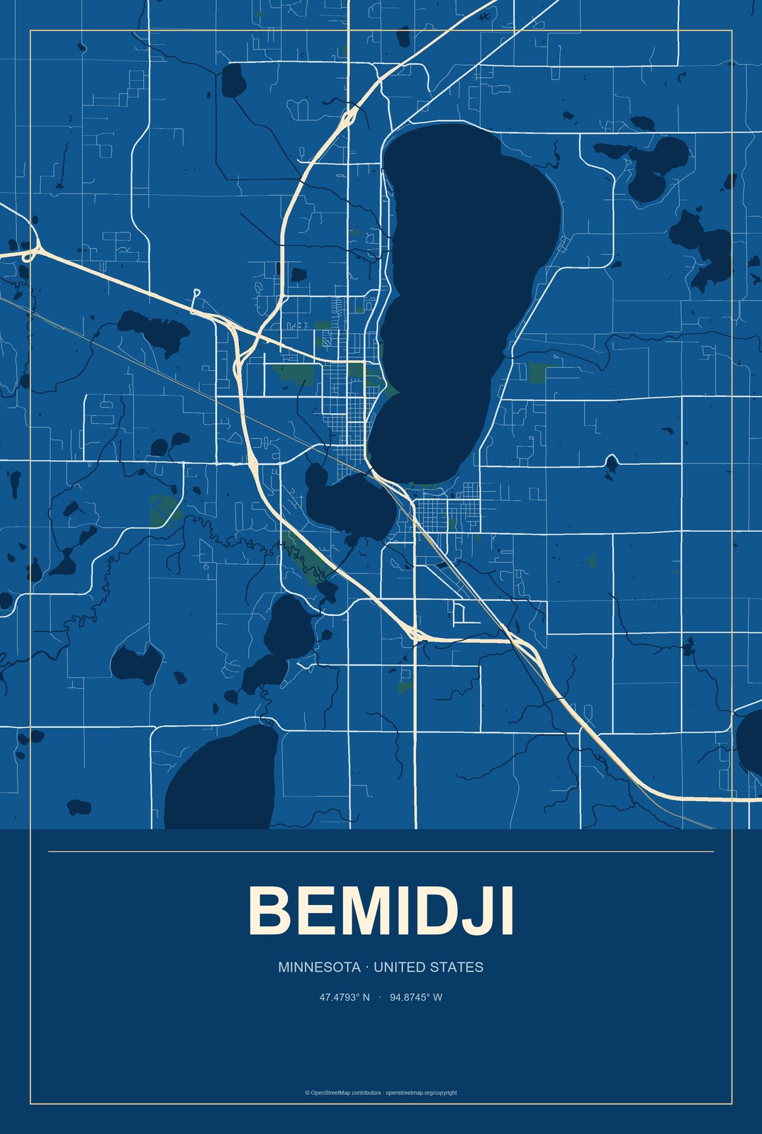 Bemidji, Minnesota City Map Aluminum Sign in Harbor Cobalt style