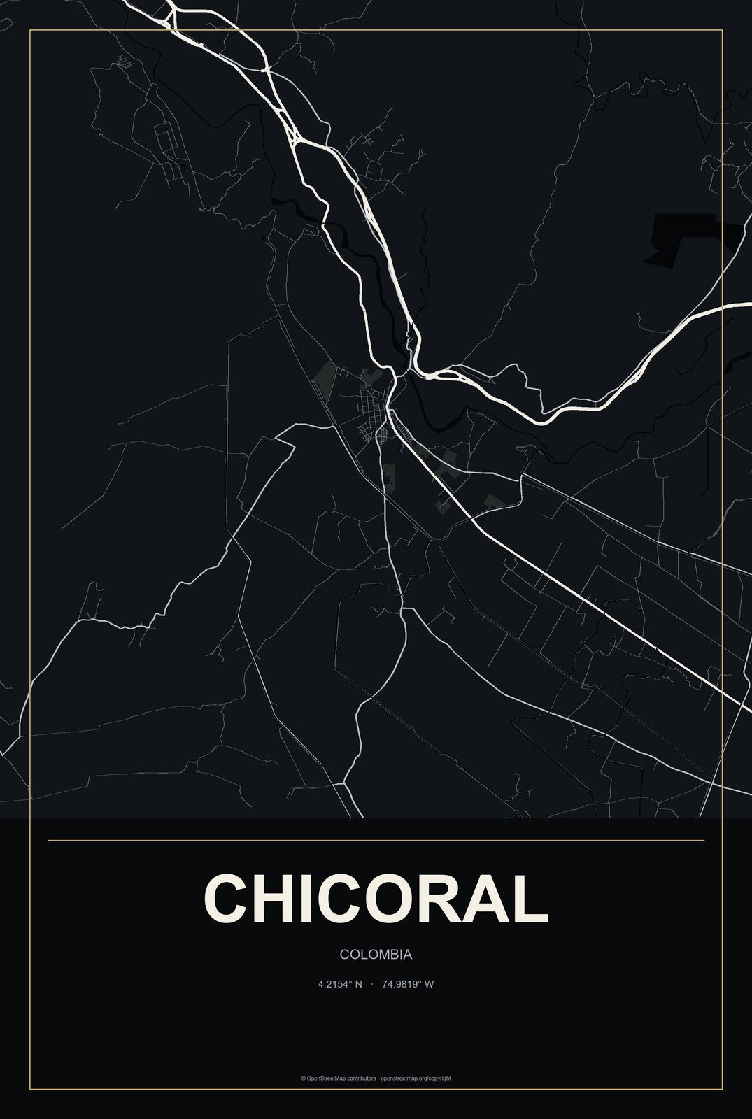Chicoral, Colombia City Map Aluminum Sign in Metropolitan Noir style