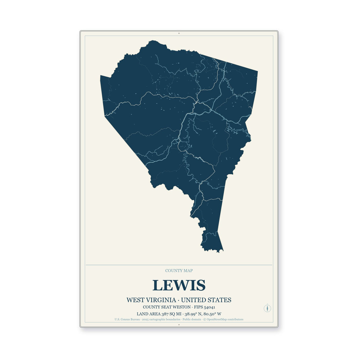 Lewis County, West Virginia Map Aluminum Sign in Coastal Cutout style