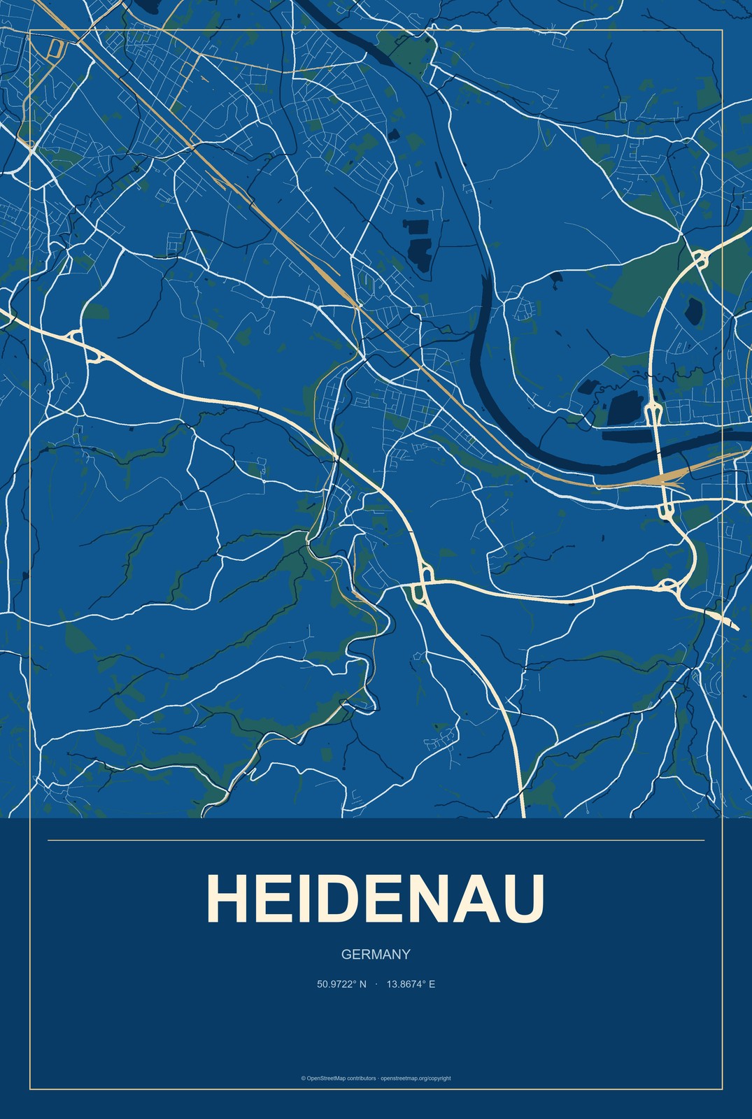 Heidenau, Germany City Map Aluminum Sign in Harbor Cobalt style