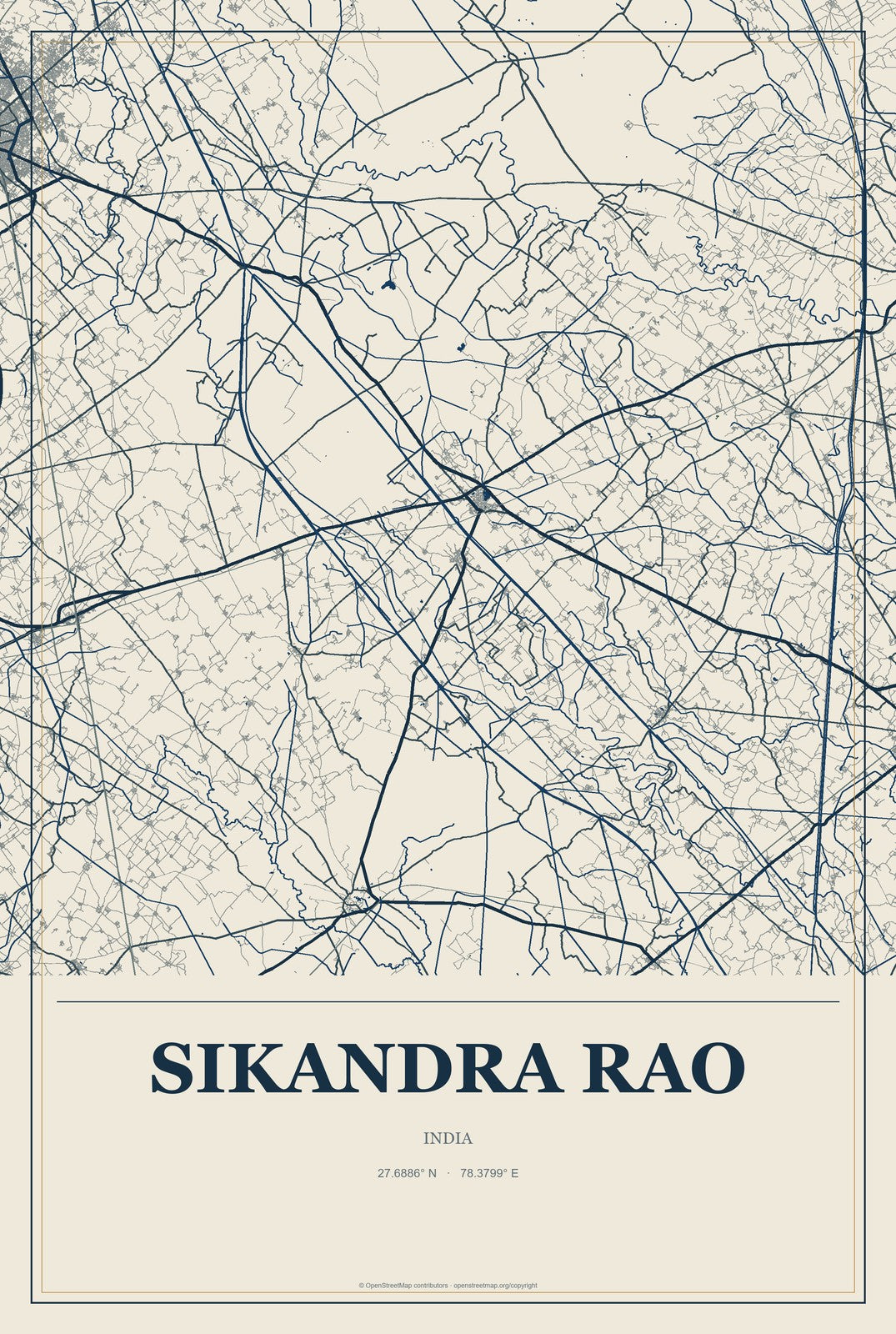 Sikandra Rao, India City Map Aluminum Sign in Coastal Cutout style
