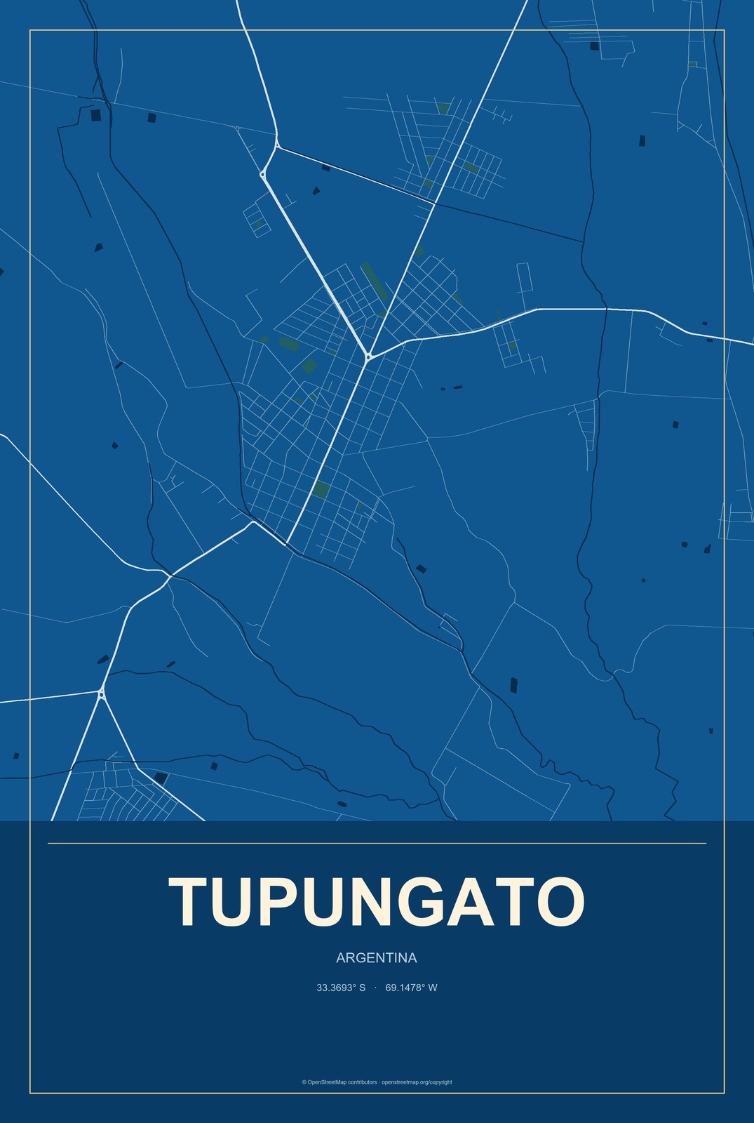 Tupungato, Argentina City Map Aluminum Sign in Harbor Cobalt style