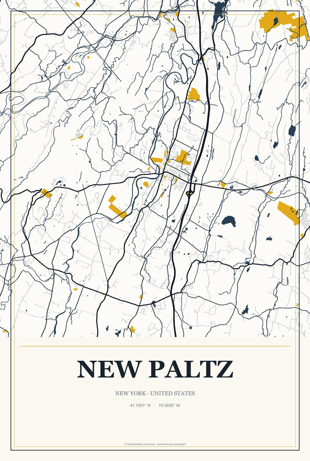 New Paltz, New York City Map Aluminum Sign in Citrine Modern style