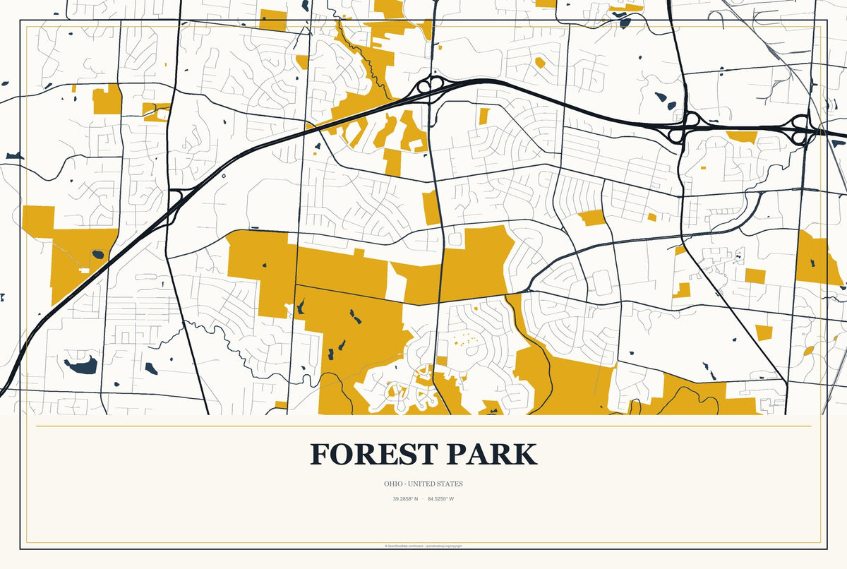Forest Park, Ohio City Map Aluminum Sign in Citrine Modern style