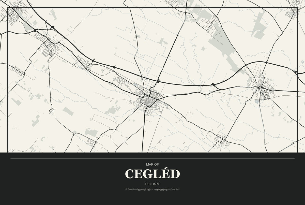 Cegléd, Hungary City Map Aluminum Sign in Museum Plaque style