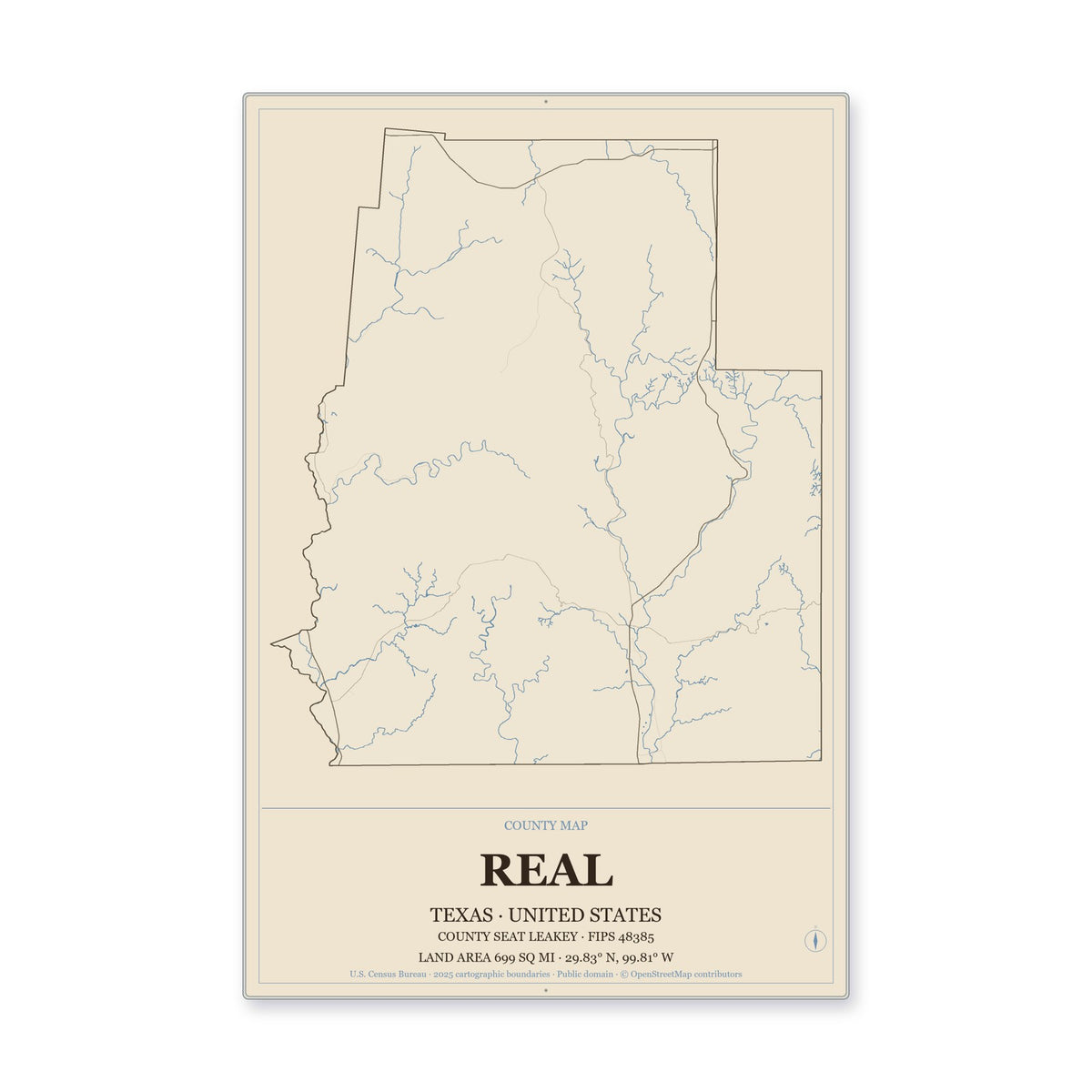 Real County, Texas Map Aluminum Sign in Heritage Nautical style