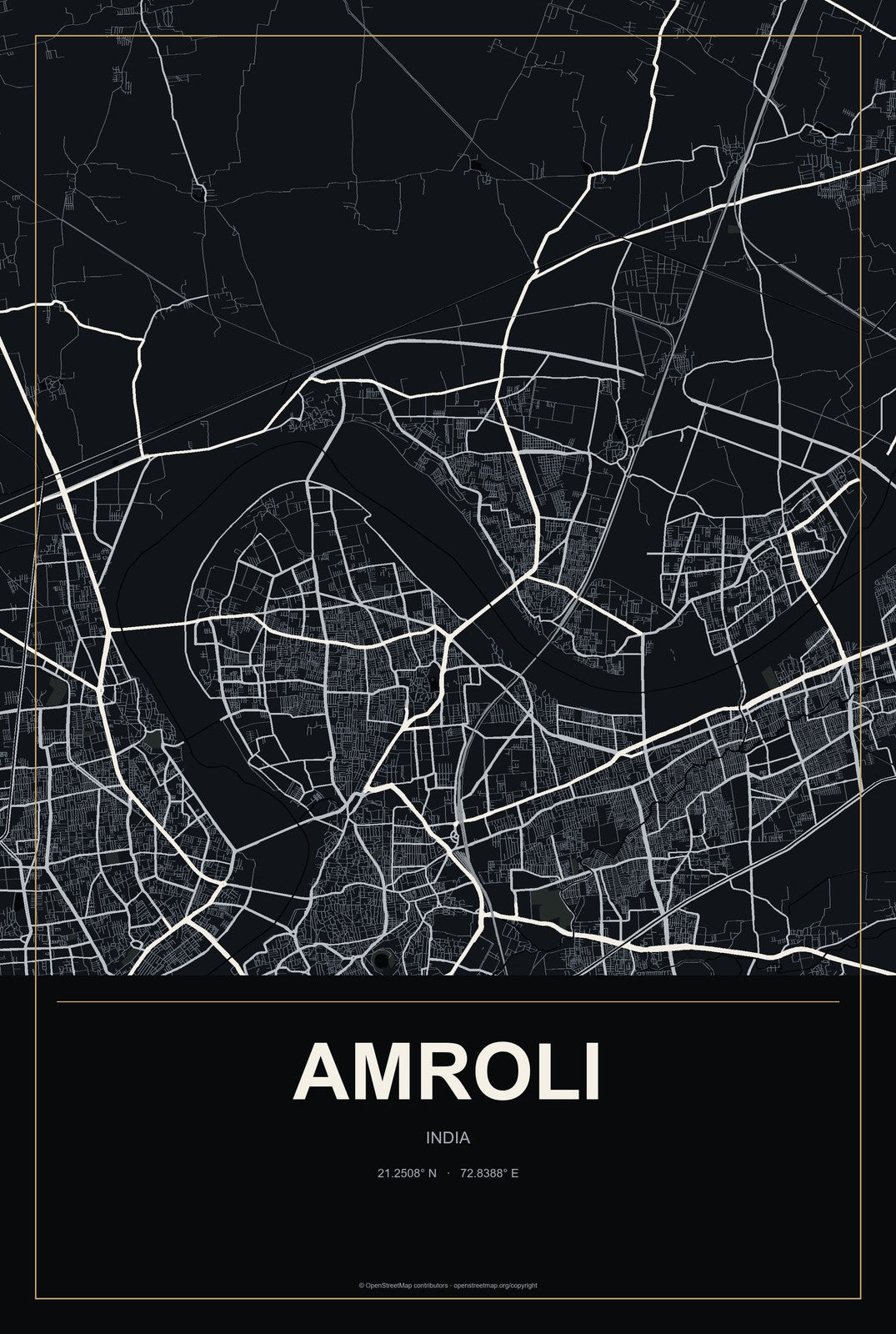 Amroli, India City Map Aluminum Sign in Metropolitan Noir style