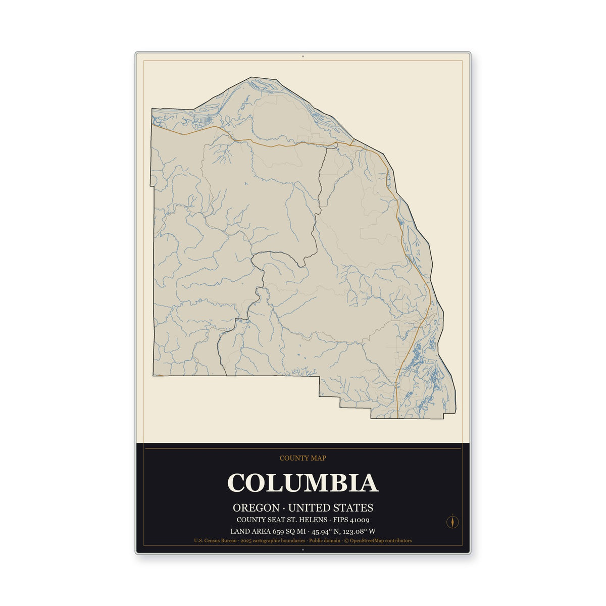 Columbia County, Oregon Map Aluminum Sign in Museum Plaque style