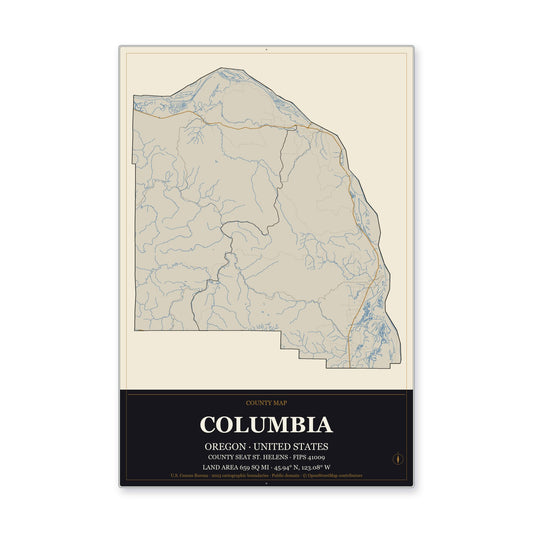 Columbia County, Oregon Map Aluminum Sign in Museum Plaque style