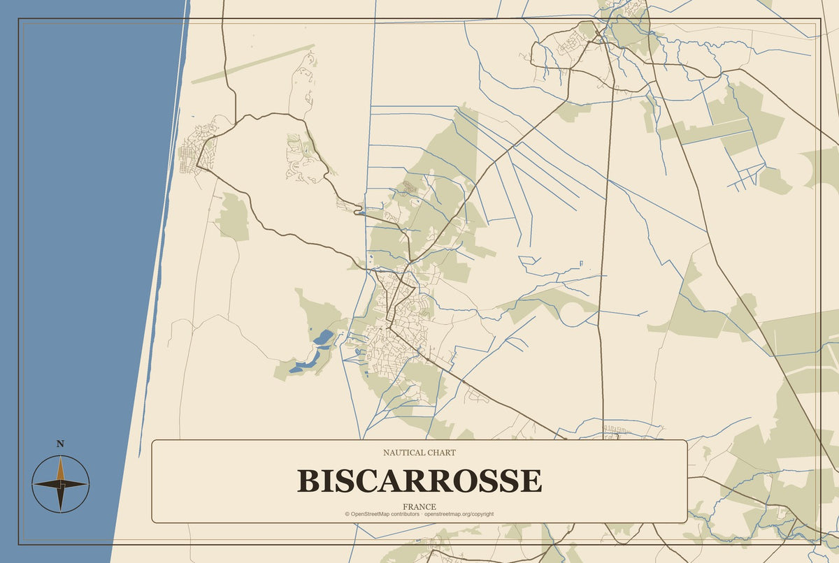 Biscarrosse, France City Map Aluminum Sign in Heritage Nautical style