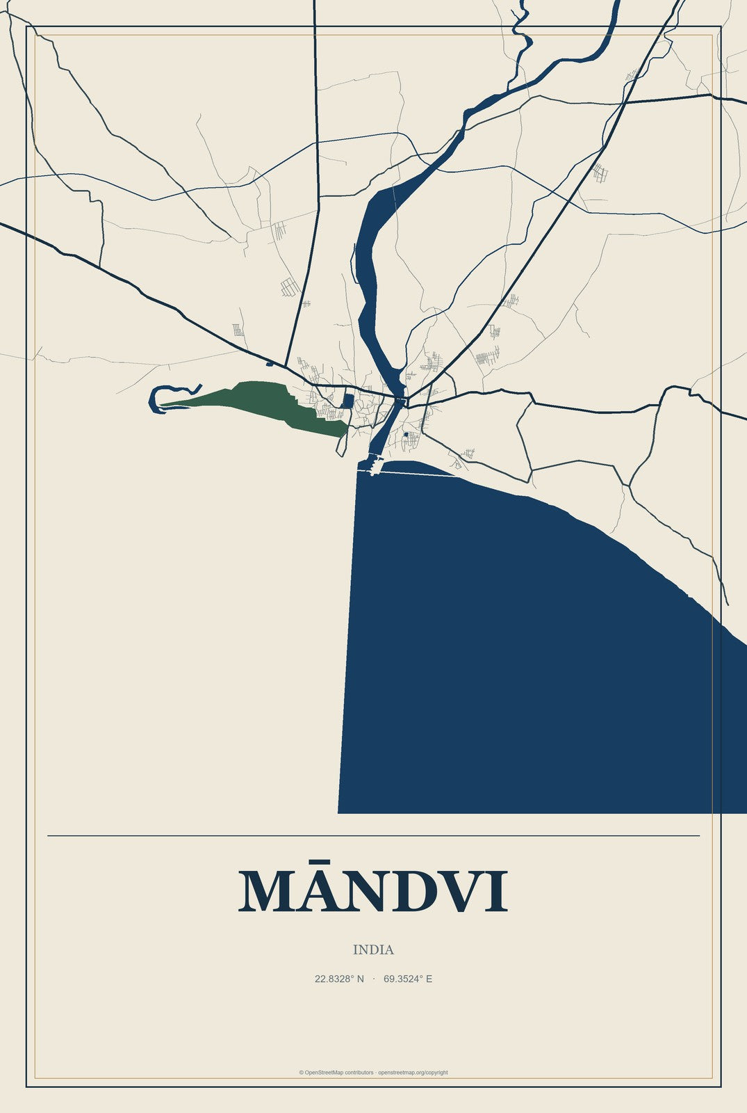 Māndvi, India City Map Aluminum Sign in Coastal Cutout style