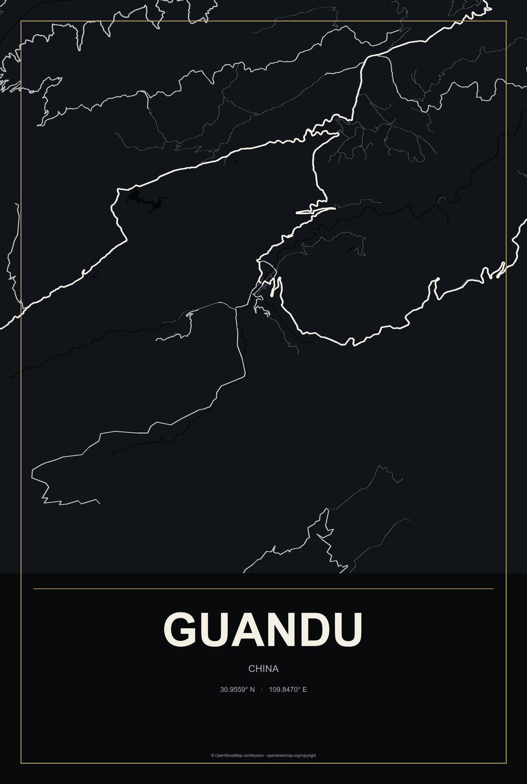 Guandu, China City Map Aluminum Sign in Metropolitan Noir style
