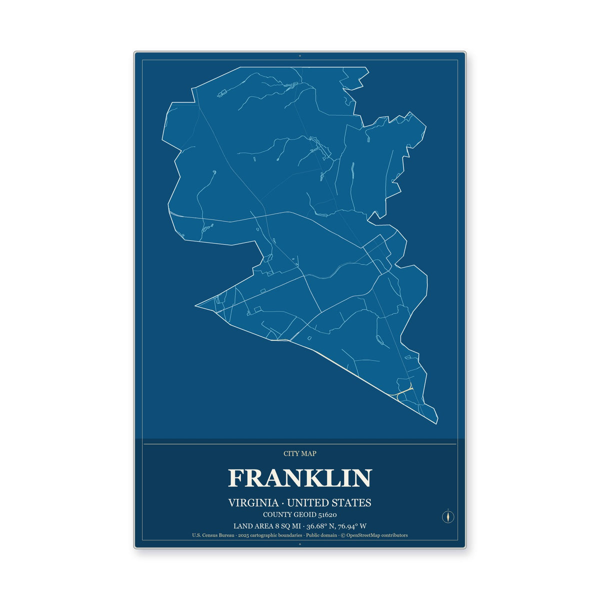 Franklin city, Virginia Map Aluminum Sign in Harbor Cobalt style