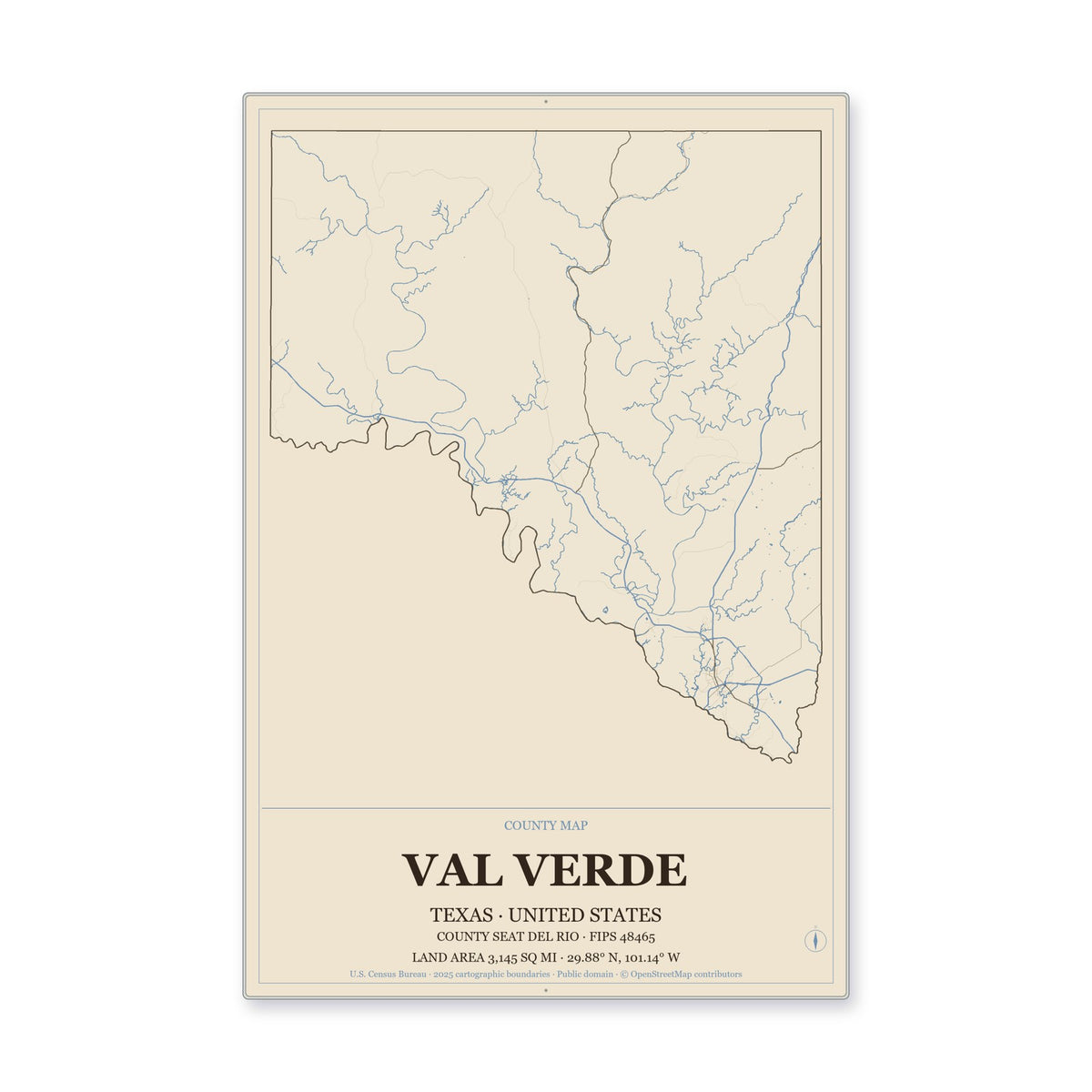 Val Verde County, Texas Map Aluminum Sign in Heritage Nautical style