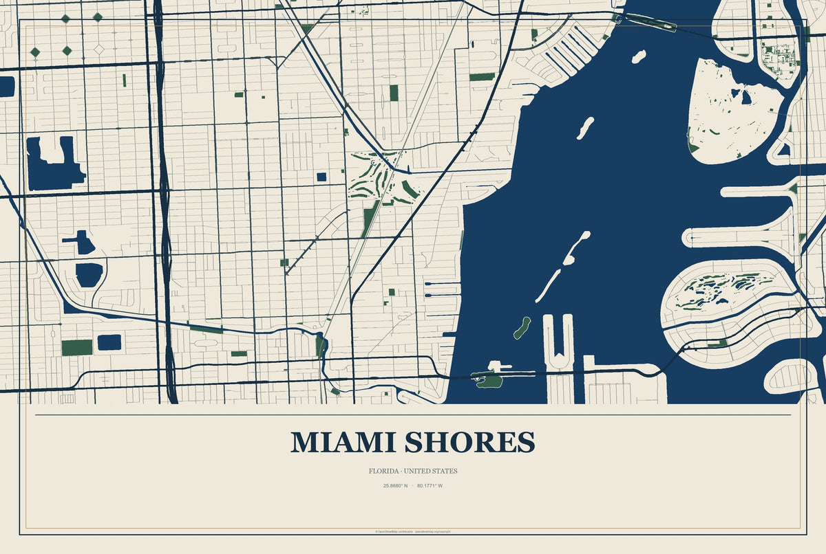 Miami Shores, Florida City Map Aluminum Sign in Coastal Cutout style
