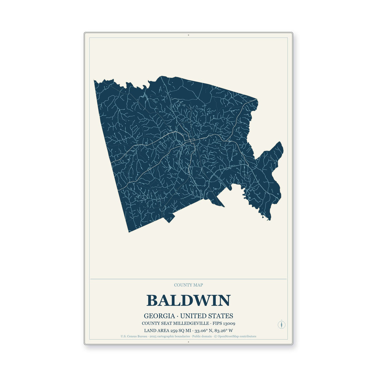 Baldwin County, Georgia Map Aluminum Sign in Coastal Cutout style
