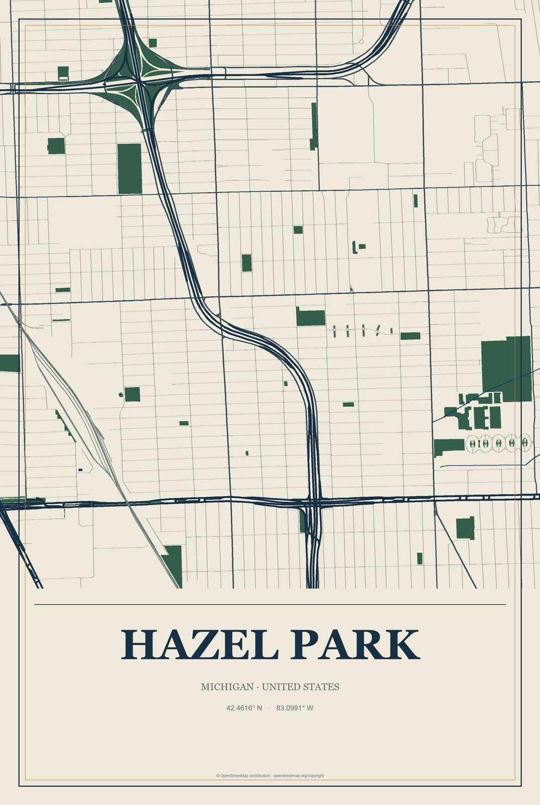 Hazel Park, Michigan City Map Aluminum Sign in Coastal Cutout style