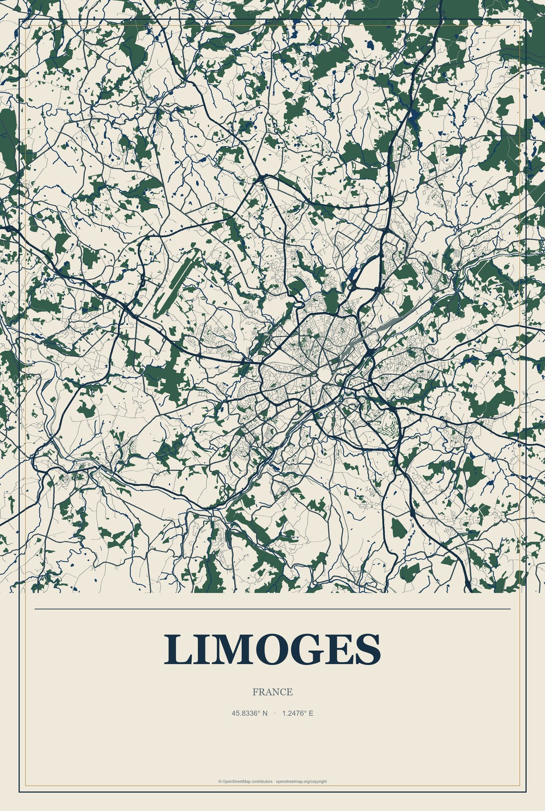 Limoges, France City Map Aluminum Sign in Coastal Cutout style
