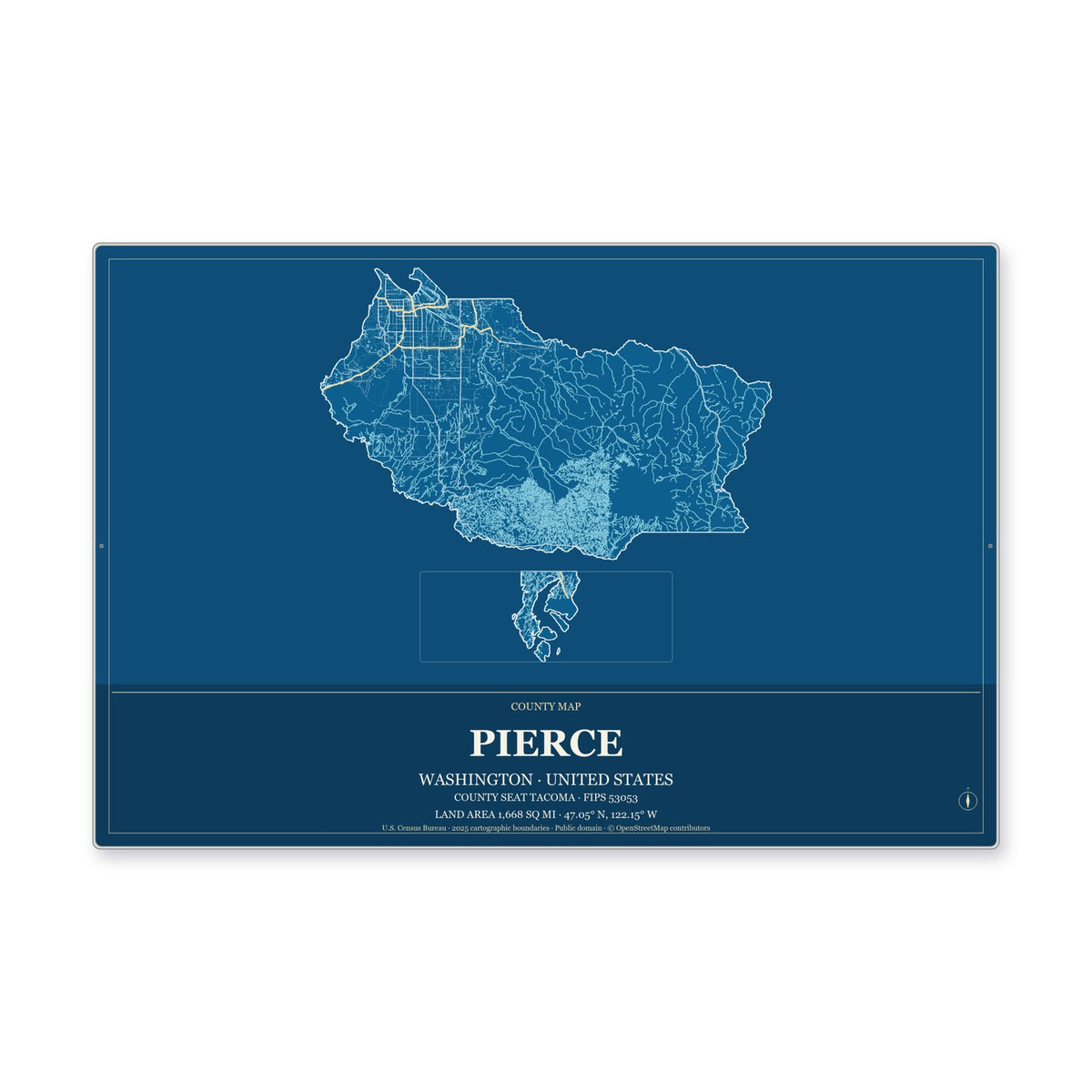 Pierce County, Washington Map Aluminum Sign in Harbor Cobalt style
