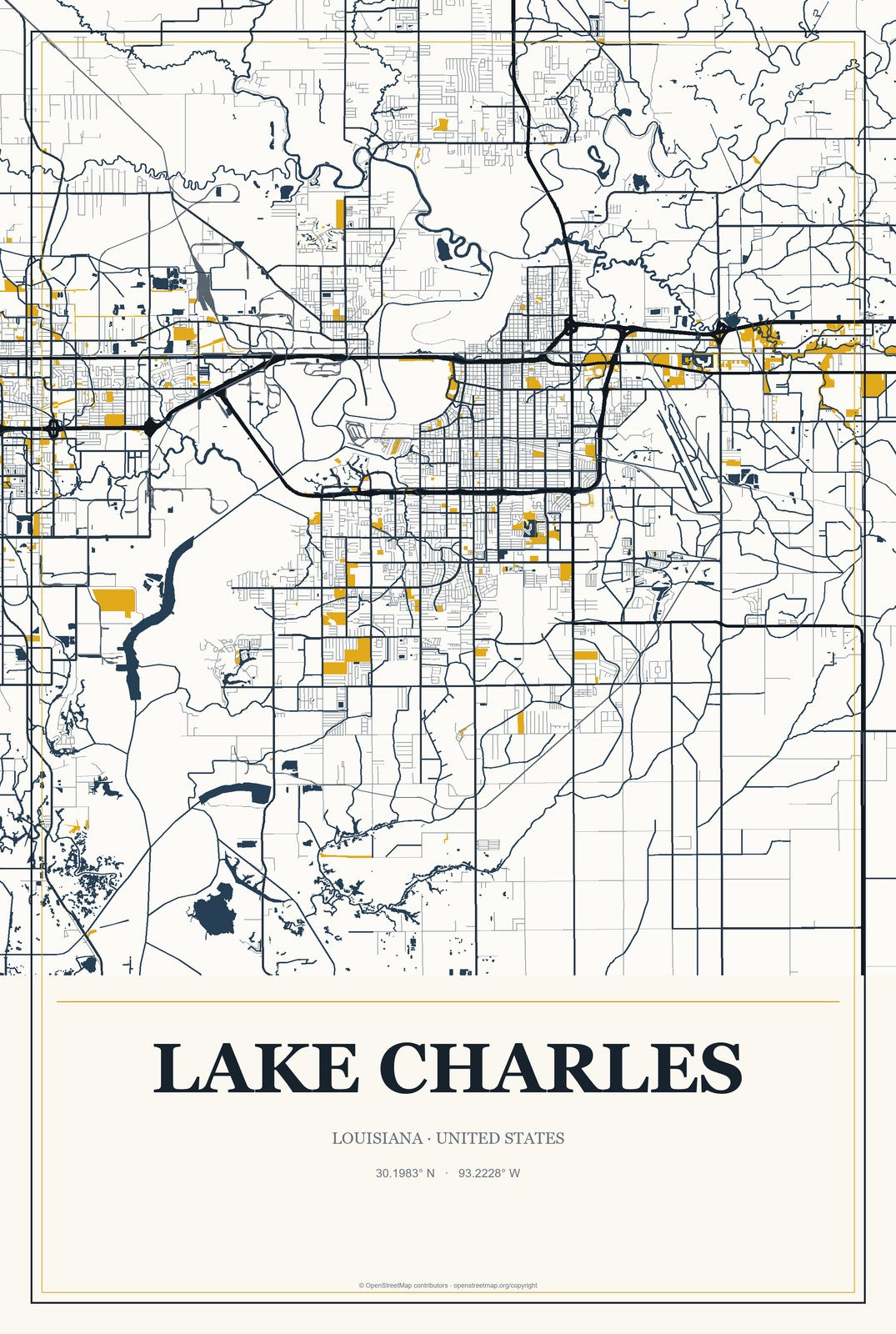Lake Charles, Louisiana City Map Aluminum Sign in Citrine Modern style