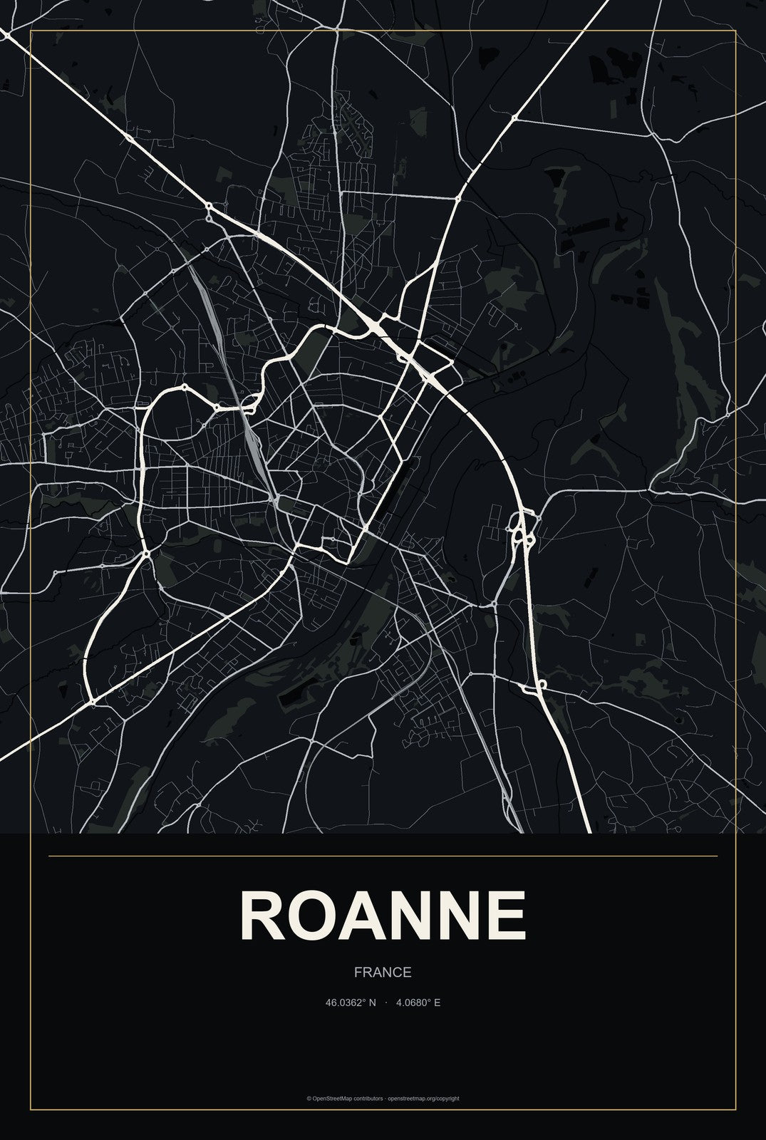Roanne, France City Map Aluminum Sign in Metropolitan Noir style