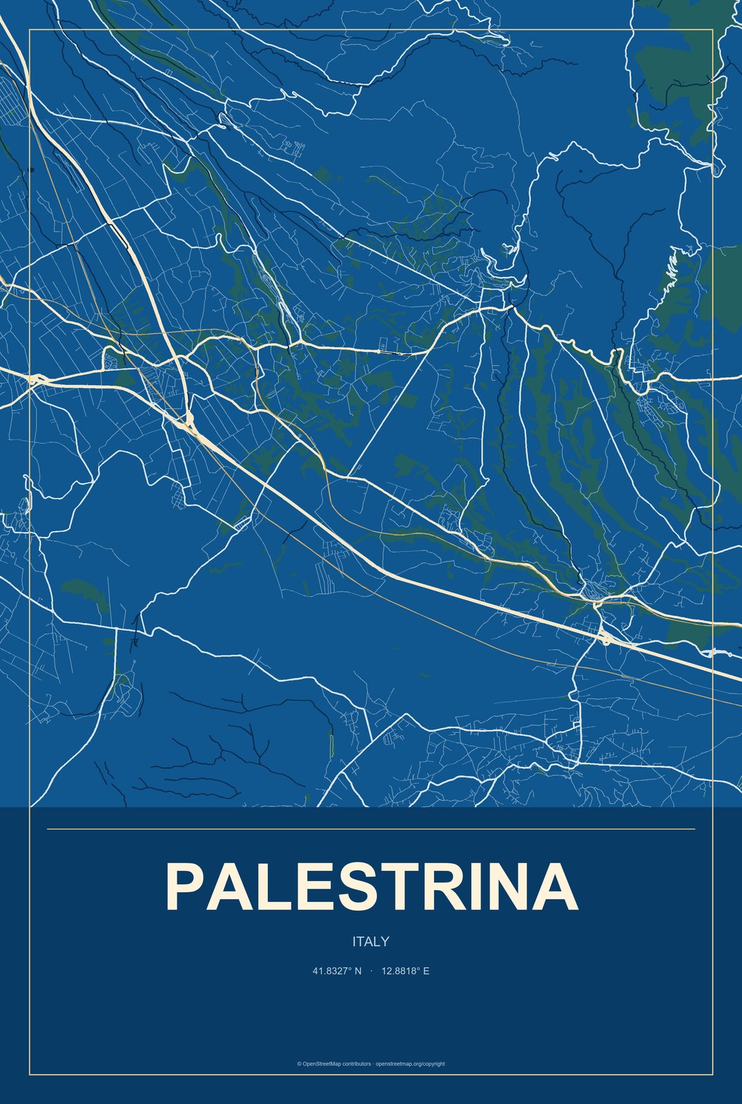 Palestrina, Italy City Map Aluminum Sign in Harbor Cobalt style