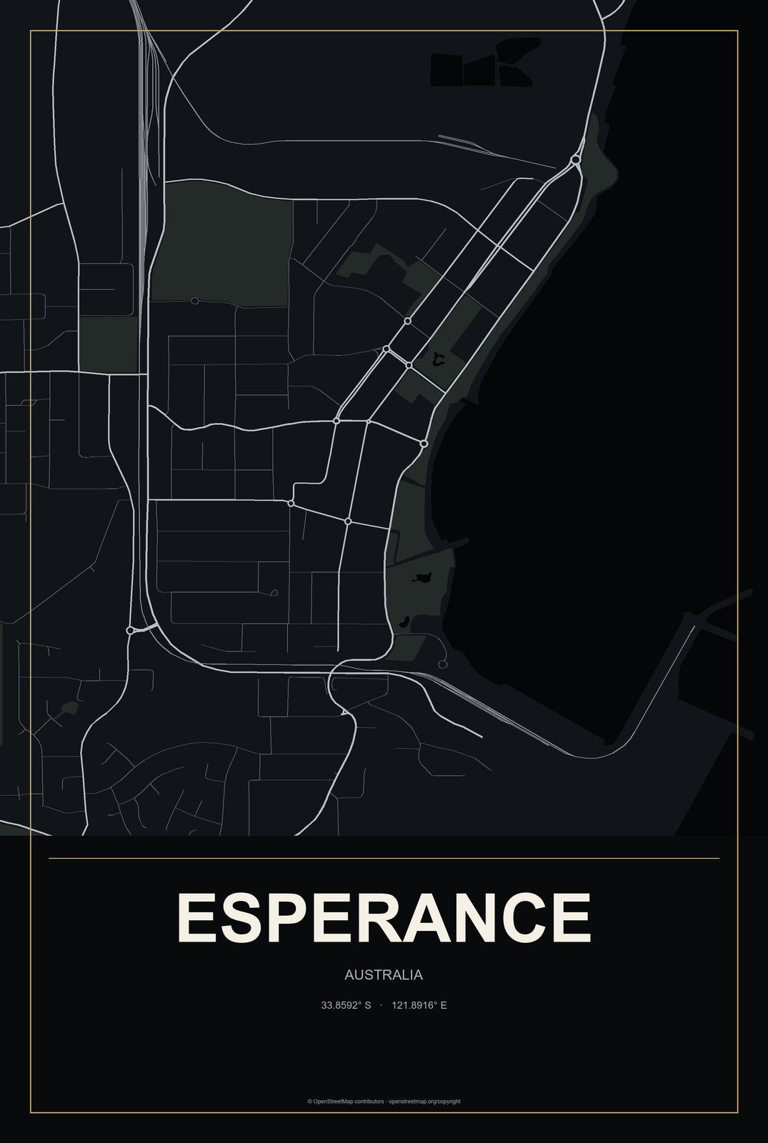 Esperance, Australia City Map Aluminum Sign in Metropolitan Noir style