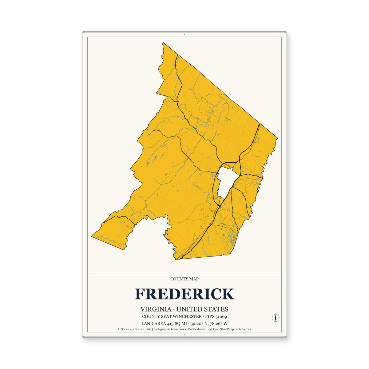 Frederick County, Virginia Map Aluminum Sign in Citrine Modern style
