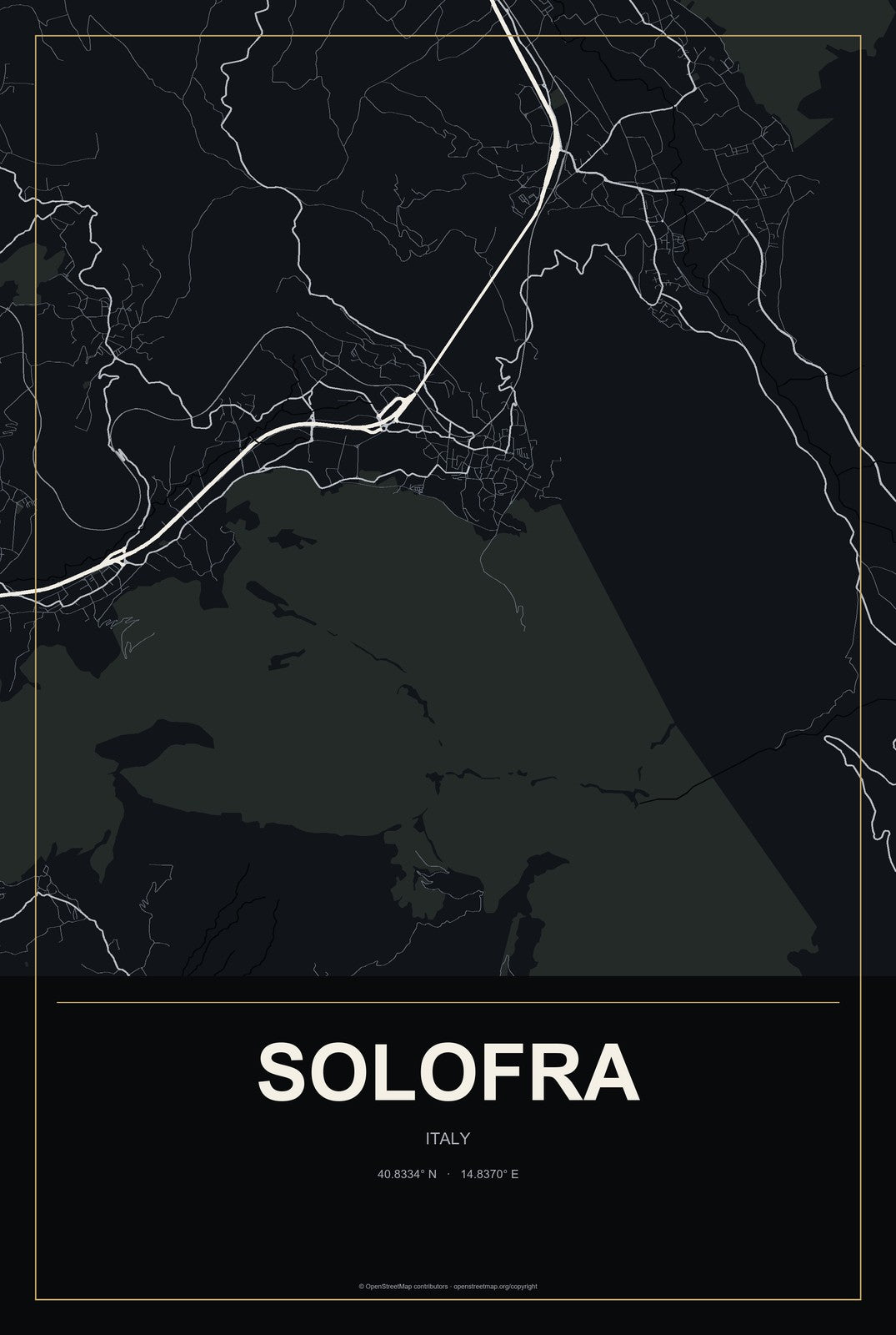 Solofra, Italy City Map Aluminum Sign in Metropolitan Noir style