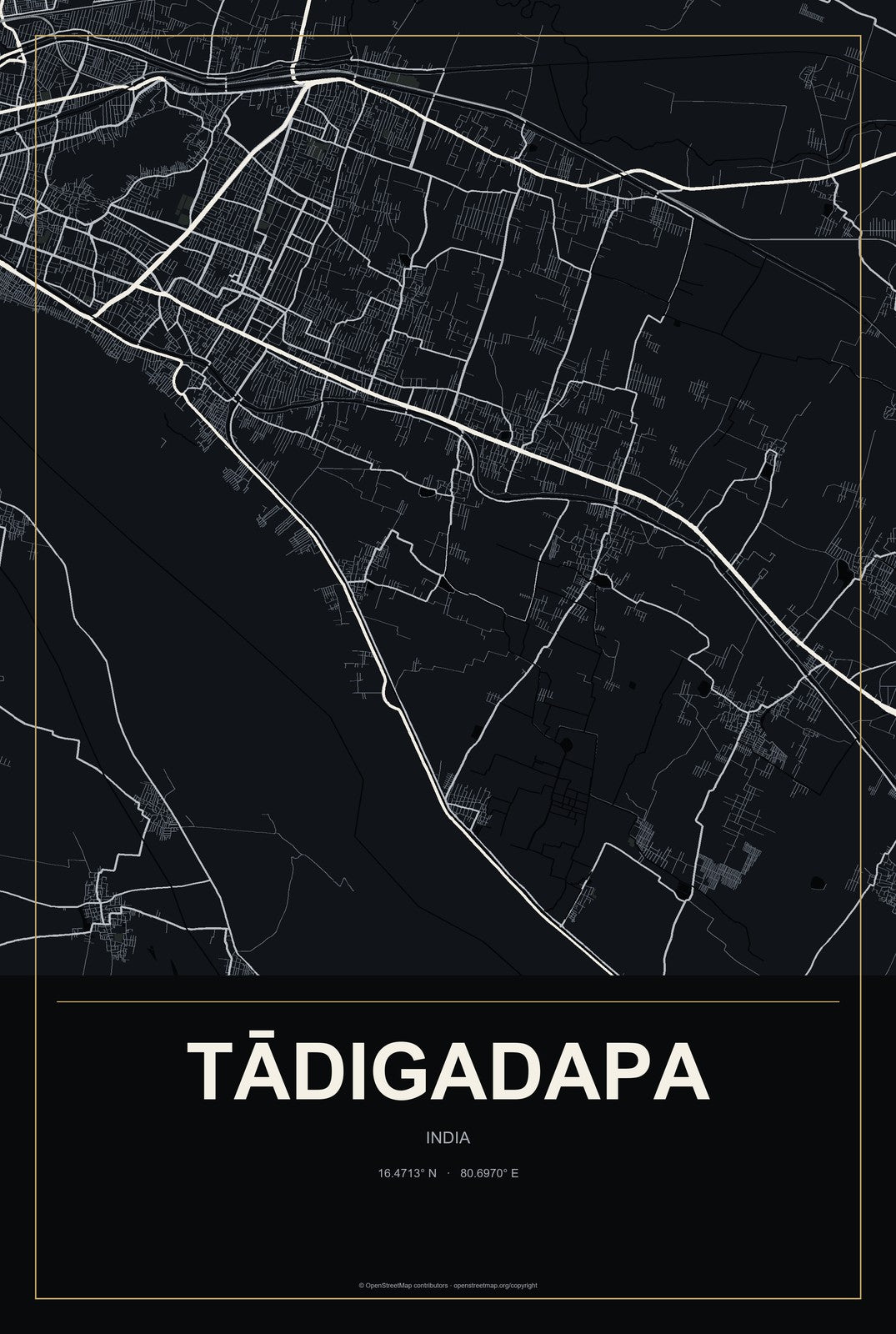 Tādigadapa, India City Map Aluminum Sign in Metropolitan Noir style