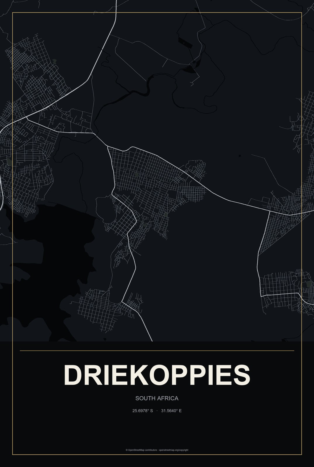 Driekoppies, South Africa City Map Aluminum Sign in Metropolitan Noir style